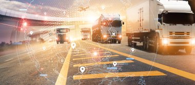 Logistics and transportation, Network distribution of Container Cargo, Ui, Smart logistics, shipping, Online goods orders worldwide, Innovation future of transport on global networking.