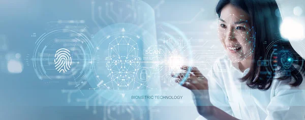 Biometric technology. Biometric authentication security detect human face recognition and fingerprint identification. Secure access system and data privacy protection technology against cyber attack.