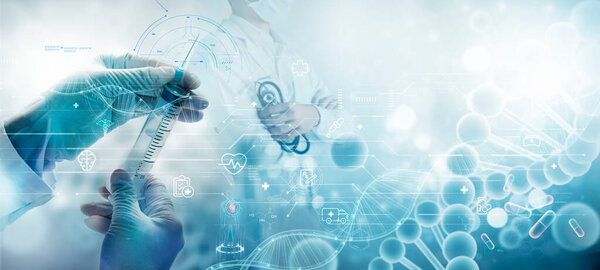 Medicine doctor holding a syringe on electronic medical data network. DNA. Digital healthcare and network connection hologram modern virtual interface, Medical technology and futuristic concept. 