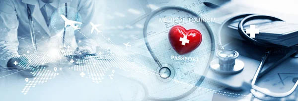 Medical tourism concept, Health tourism and international medical travel insurance. Healthcare and medicine on global network.