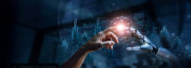 AI, Machine learning, Hands of robot and human touching on big data network connection, Data exchange, deep learning, Science and artificial intelligence technology, innovation of futuristic.