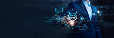 AI chat bot communicate and answer question to businessman with smart solution idea. Artificial Intelligence powered system provide detail conversation interface to assist user making best decision.