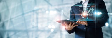 Chatbot, yapay zeka, yapay zeka, iş adamı teknoloji robotu kullanarak komut komutu, yapay zeka, yenilikçi fütüristik teknoloji kullanarak iş yapıyor..