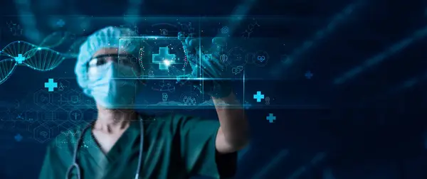 stock image Digital healthcare, Doctor and Ui icon medical on network, Science and medical service technology revolutionized health care, providing fast and easy access for patients, Future of healthcare.