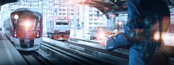 Engineer Manager Use Tablets Systems Inspect Control Operation Sky Train Stock Image