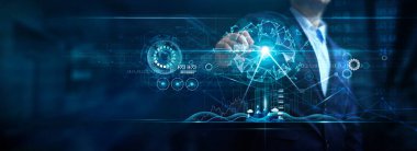 Businessman draw growth graph and progress of business and analyzing financial and investment data on global network, business planning and strategy on dark blue background.