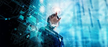 Cyber security network. Padlock icon and global internet technology networking. Businessman protecting data personal information. Blockchain. Biometrics. Identity and fingerprint. GDPR. EU.