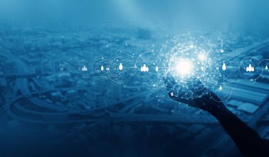 Businessman hold global business network and data customer connection, Social network and data exchange of technology, digital marketing, customer retention, customer relationship. blue tone.