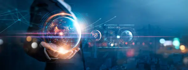 Businessman hold global business globe with network connected to digital marketing strategy and creative solution. Business development technology to support creativity idea of teamwork and investment