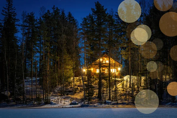 Casa Cuento Hadas Invierno Medio Del Bosque Nevado Noche — Foto de Stock