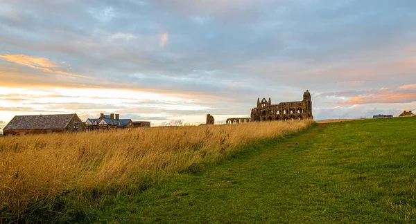 Sunset View Whitby Abbey Overlooking North Sea East Cliff Whitby — Stock fotografie