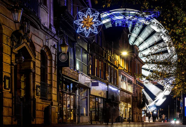 stock image View of night Leicester, a city in England's East Midlands region, in Christmas time, UK
