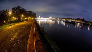 Albert Köprüsü ve Battersea Parkı 'nın gece yarısı görüntüsü, Londra, İngiltere