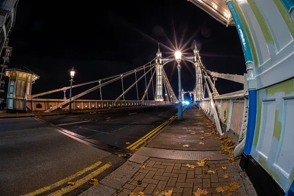 英国伦敦 阿尔贝特桥和巴特海滨公园在圣诞夜晚的景观 — 图库照片