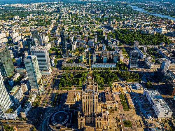 Aerial view of Warsaw city center in summer, Poland, Europe