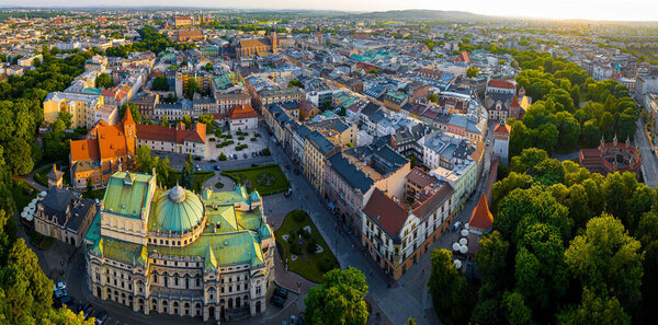 Aerial view of city theatre in old city of Krakow in Poland, Europe