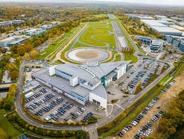 Aerial view of motor racing circuit and in Brooklands near Weybridge in Surrey, England, UK