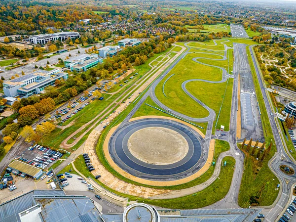 Aerial view of motor racing circuit and in Brooklands near Weybridge in Surrey, England, UK