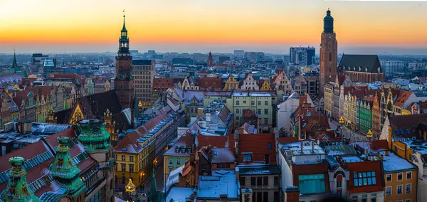 Pohled Náměstí Vratislavi Západu Slunce Polsko — Stock fotografie