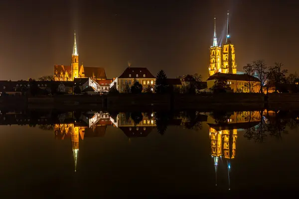 Vue Île Tumski Wroclaw Dans Nuit Pologne — Photo