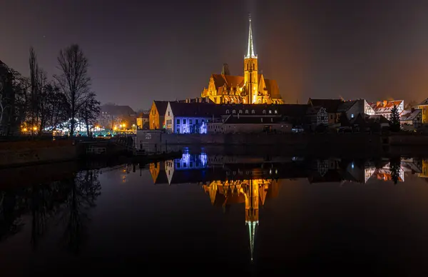 Veduta Della Collegiata Della Santa Croce Breslavia Nella Notte Polonia — Foto Stock