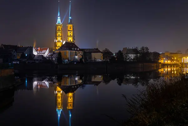 Veduta Dell Isola Tumski Breslavia Nella Notte Polonia — Foto Stock
