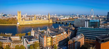 Big Ben, London Eye ve Thames nehri ile panoramik Londra manzarası