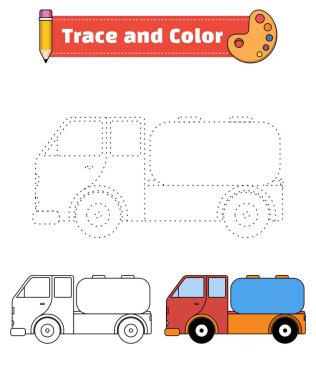 Çocuklar için iz ve renk, boyama sayfası veya kitap, tanker vektör çizimi. İzole edilmiş beyaz arkaplan.