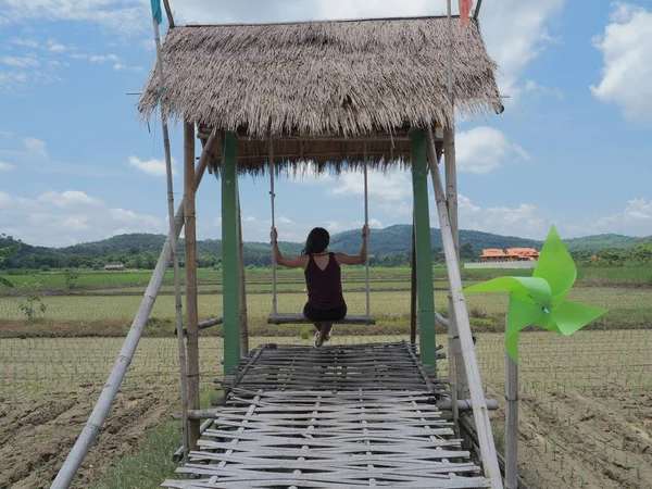 Tayland restoranında pirinç tarlasında genç bir kadın.
