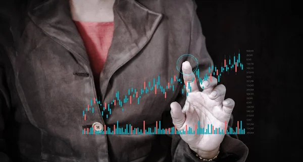 Businesswoman touching virtual panel with forex chart on black background. business planning and strategy, stock market.