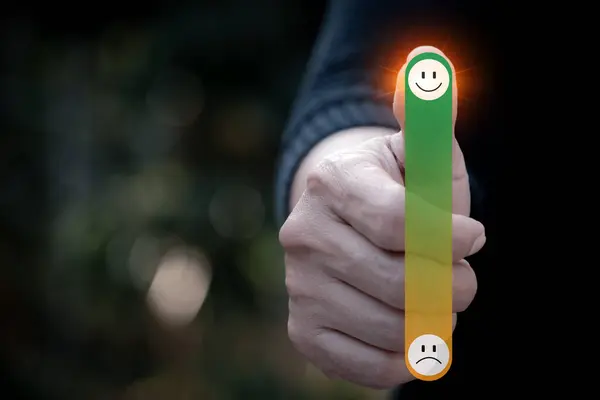 businesswoman hand with satisfaction rating icon. Customer review and satisfaction survey concept. Customer service evaluation concept. rating very impressed. 
