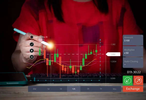 Businesswoman working on laptop computer, stock market graph, business concept, with virtual increasing technical graph for trader analysis. Stock, Cryptocurrency chart trader, trading, investment.