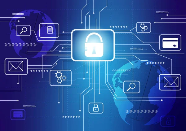 Verileri korumak için siber güvenlik ve gizlilik kavramları. Simge ve internet ağ güvenlik teknolojisini kilitle. Tasarımınız için mavi gradyan arka plan kullanımı. Vektör illüstrasyonu.