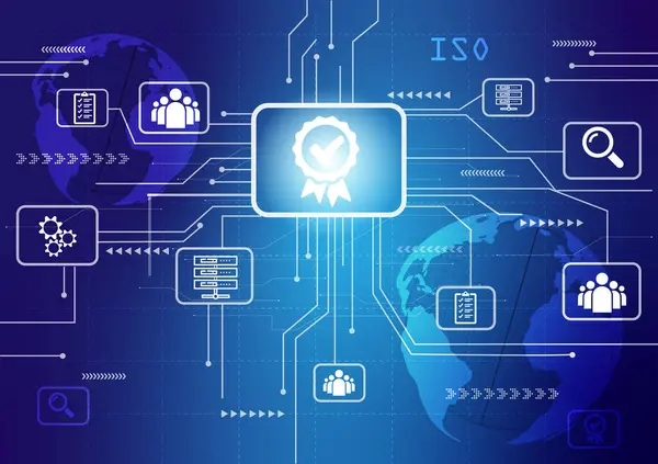 Kalite güvencesi, Garanti, Standartlar, ISO sertifikası ve standartlaştırma konsepti, memnuniyet, hizmet deneyimi. Tasarımınız için mavi gradyan arka plan kullanımı. Vektör illüstrasyonu.