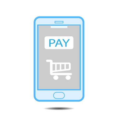 Fütürist dijital işleme mobil ödeme konsepti. Alışveriş arabası ikonlu akıllı telefon. Vektör illüstrasyonu, dijital programlar siber fütüristik uygulamalar.