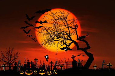 Mezarlık silueti soyut cadılar bayramı arkaplanı. Korkunç, karanlık bir gecede mezarlıktan yükselen zombi. Ağaçta dolunay yarasaları. Bayram etkinliği Cadılar Bayramı afişi arkaplan kavramı.