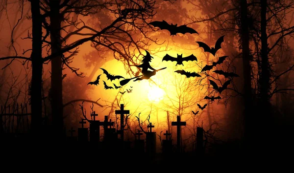 摘要背景之间的墓园剪影 僵尸从坟墓墓地里爬出来在可怕的漆黑的夜晚树上的满月蝙蝠 在横幅背景概念之间的假日活动 — 图库照片