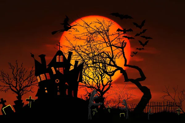 Кладбищенский Силуэт Хэллоуин Абстрактный Фон Зомби Выбегающие Кладбища Пушистой Темной — стоковое фото