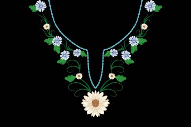 Tişört dizaynı için boyun hizasında nakış işleme bezi. Siyah arka planda izole edilmiş tekstil ve kumaş klasik kabile çizimleri için çiçek baskısı.