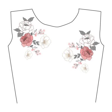 Şakayık çiçekli kadın bluzu. Vektör illüstrasyon EPS 10. Tişört tasarımı için boyun hizası yaması kompozisyonu. 