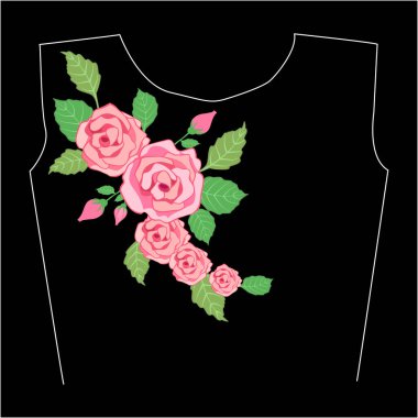 Siyah arka planda pembe güller olan tişört tasarımı. Vektör çizimi. Tişört tasarımı için boyun hizası yaması kompozisyonu. 