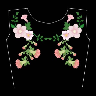 Siyah arka planda çiçekler olan kadın bluzu. Vektör çizimi. Tişört tasarımı için boyun hizası yaması kompozisyonu. 