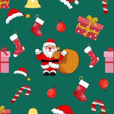 Noel Baba, kardan adam ve hediye kutularıyla kusursuz bir Noel deseni. Vektör çizimi. Mutlu Noeller ve mutlu yıllar tebrik kartı için..