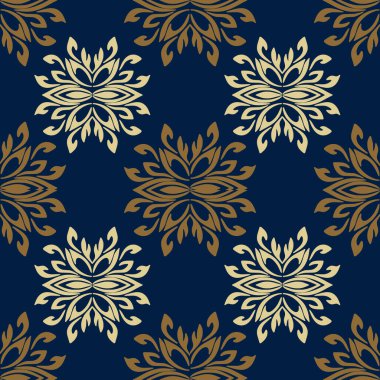 Oriental vektör klasik mavi ve altın desen. Kusursuz soyut bir arkaplan. Klasik damaskesiz desen, zarif tekstil tasarımı için vektör çizimi.