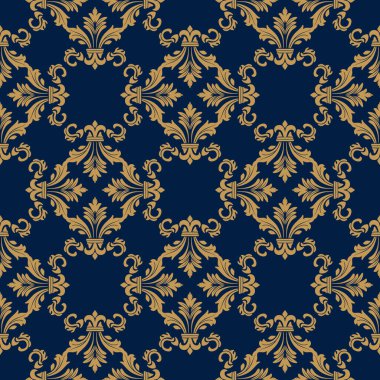 Klasik kusursuz Damask deseni. Altın elementlerle geleneksel doğu süsü. Zarif tekstil tasarımı için vektör çizimi.