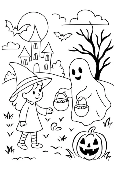 Çocuklar için Cadılar Bayramı boyama sayfası hayaletli şirin küçük cadı..
