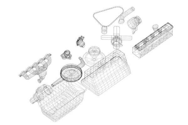 Illustrazione Parti Vecchio Motore Dritto Linea Dell Automobile — Foto Stock