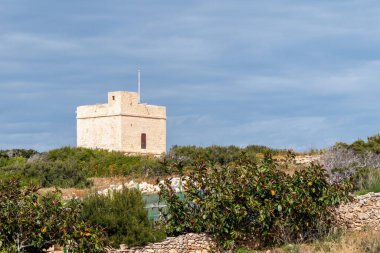 Salina, Malta, 30 Nisan 2023. Ghallis Kulesi, Torre delle Saline, Salina 'daki kıyı kulelerinden biridir. De Redin Kuleleri' nin bir parçasıdır..