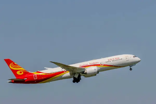 Stock image Zaventem, Belgium, July 29, 2024. Hainan Airlines plane after takeoff from Brussels Airport