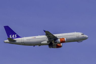 Zaventem, Belgium, September 1, 2024. SAS, Scandinavian Airlines System plane after takeoff from Brussels Airport. clipart